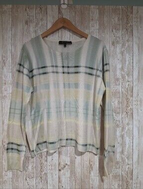 St. John 100% Cashmere Plaid Crewneck Pullover Sweater Ivory Green Yellow XL